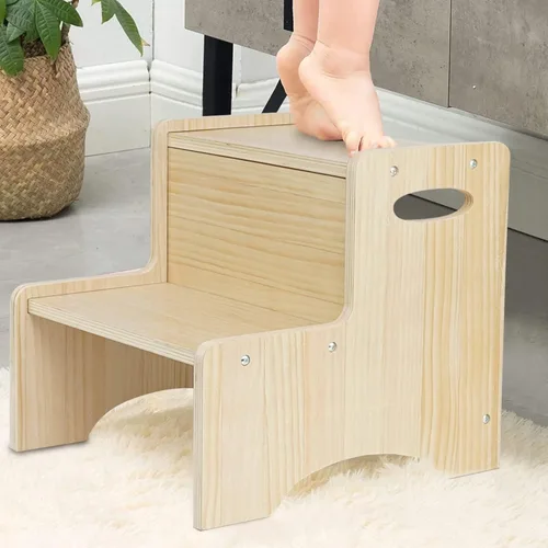 Vista 11 de WOOD CITY Taburete escalón para niños pequeños, Taburetes de madera de 2 pasos para lavabo de baño, entrenamiento para orinal, cocina, taburete