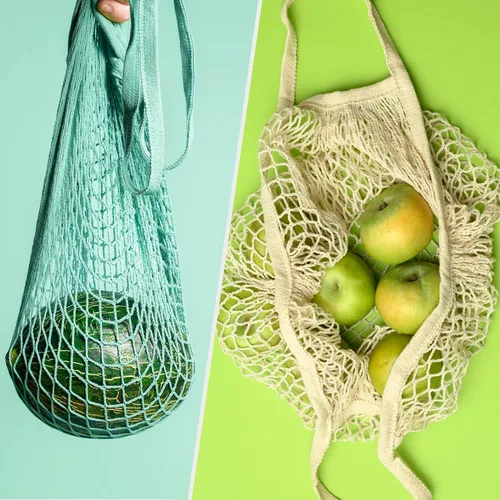 Vista 7 de Bolsa de malla de almacenamiento de moda, bolsa de malla de frutas reutilizable, bolsa de malla de compras, bolsa de malla portátil de algodón puro