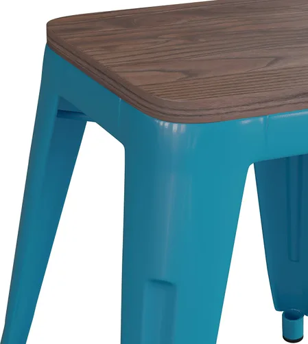 Vista 35 de Flash Furniture Juego de 4 taburetes de metal con asiento de madera, taburete Kai de grado comercial negro sin espalda, sillas de comedor apilables