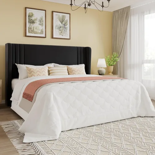 Vista 20 de SHA CERLIN Base de cama tapizada de terciopelo de tamaño matrimonial con cabecera de ala capitonada de canal vertical, soporte de listones