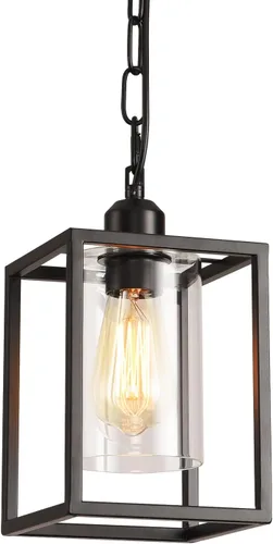 Lámpara Colgante de Granja, Luminaria Colgante de Marco de Metal Negro con Pantalla de Vidrio Transparente tipo Araña, Cadenas Ajustables, Mini