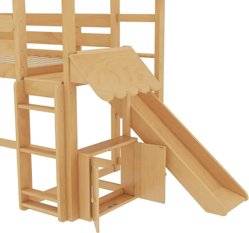 Vista 116 de Cama de casa de tamaño individual con elegantes ventanas y estantería, litera con diseño de castillo de madera con barandillas de seguridad