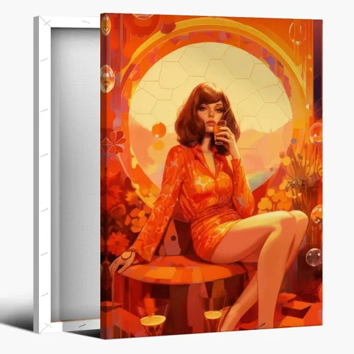 WLZWD Retro Funky 70s style woman at a Party art Print Cocktails Disco Ball Wall Art Vintage Trendy Female Portrait Art Poster Warm Colour Palette