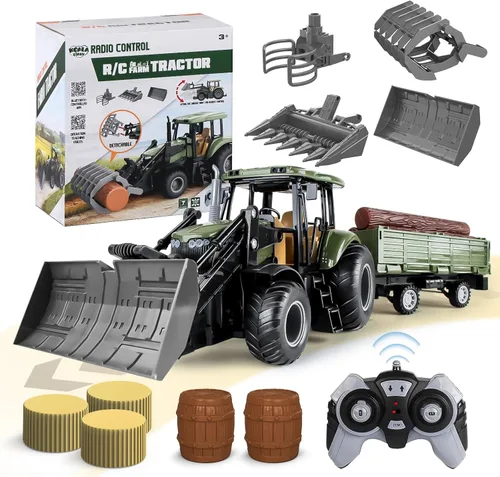 Tractor de Control Remoto, Set de Tractor RC de 2.4Ghz para Niños, Juguetes de Granja para Niños Pequeños con 2 Métodos RC/Cargadora Frontal de 4