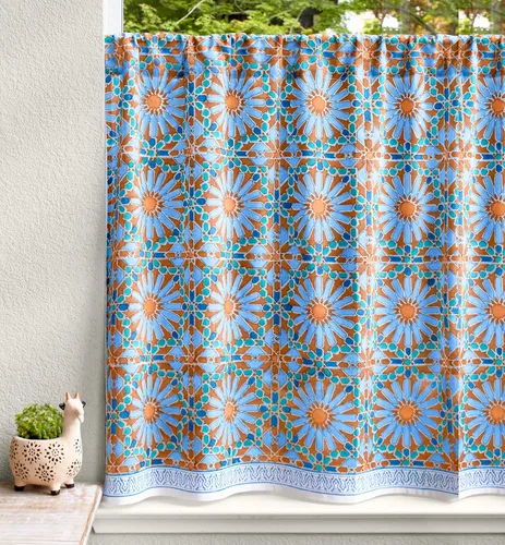 Vista 17 de Saffron Marigold - Cortinas de media cocina de algodón para ventanas pequeñas, baño y café, estampadas a mano con libélula y loto - Diseño moderno