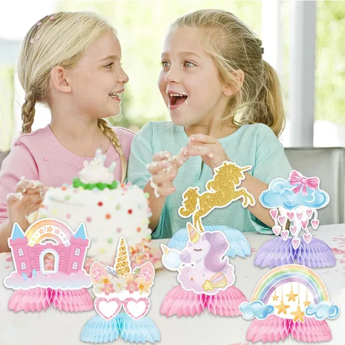 Vista 6 de Decoraciones de cumpleaños de unicornio, 9 piezas de centro de mesa de unicornio arcoíris con panal de abeja, decoraciones de mesa para niños