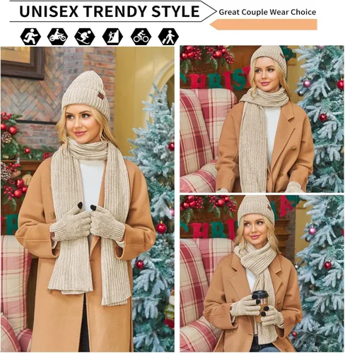 Vista 5 de Womens Winter Knit Warm Hat Beanie Long Scarf Touch Screen Gloves Set Skull Caps Neck Scarves for Women