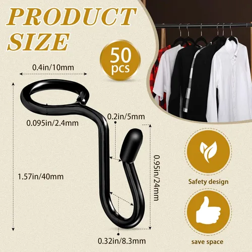 Vista 2 de Sratte 50 ganchos de conector para colgar ropa, ganchos extensores de clips de metal para perchas de terciopelo, ahorro de espacio (negro, 50 piezas)