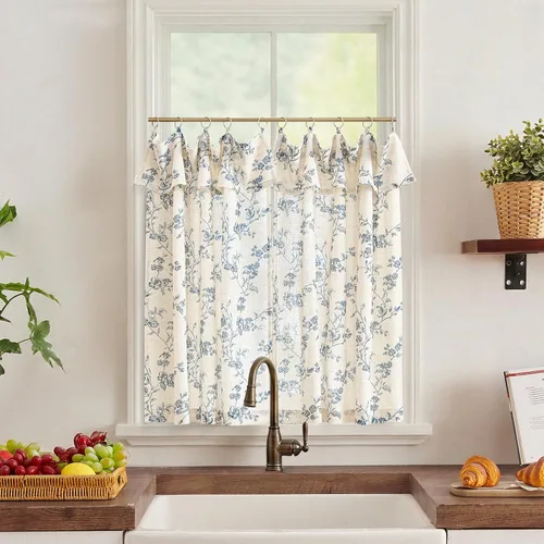 Vista 47 de JINCHAN Cortinas florales de cocina de 24 pulgadas, cortinas de lino de varios niveles, cortinas de granja de estilo cafetería, cortinas para media