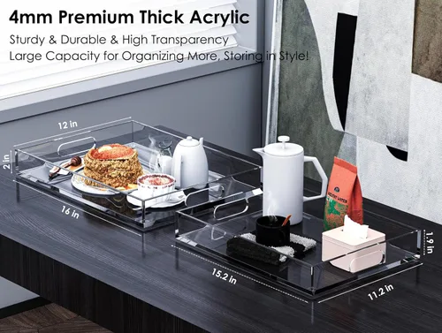 Vista 2 de Paquete de 2 bandejas para servir con asas, bandeja de acrílico transparente para servir alimentos, bandejas grandes de alimentos al aire libre