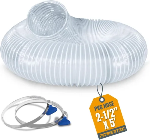 POWERTEC Manguera de recogida de polvo de PVC de 2-1/2 pulgadas x 5 pies con 2 abrazaderas de manguera de acero inoxidable para sierra de mesa,