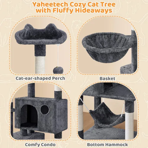 Vista 4 de Yaheetech - Árbol para gatos de 64.5 pulgadas con poste rascador, cama para gatos con cubierta de felpa y hamaca, plataforma, percha para gatos