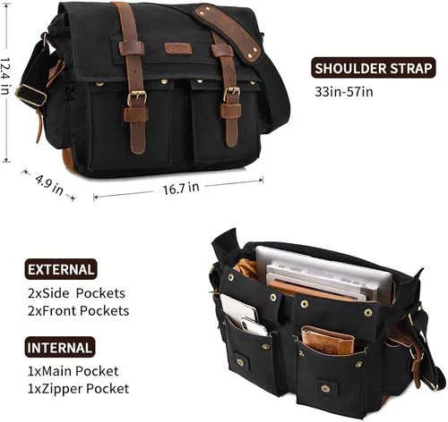 Vista 4 de Kattee Military Messenger Bag Canvas Leather Shoulder Bag Fits 14.715.6 Inch Laptop