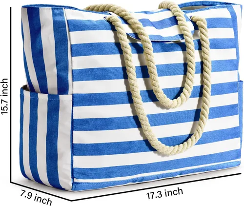 Vista 4 de Beach Bags for Women, Pool Swim Bag Beach Bags Waterproof Sandproof Large Stripe Beach Tote with Magnet Button Zipper Closure