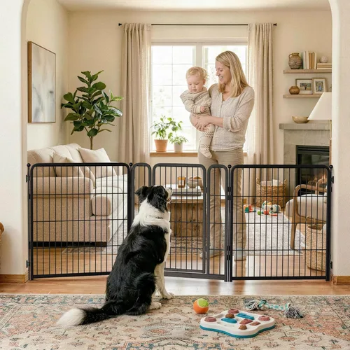 Vista 19 de FXW Puerta para perros extra ancha diseñada para uso en interiores, ancho ajustable de hasta 165 pulgadas de ancho