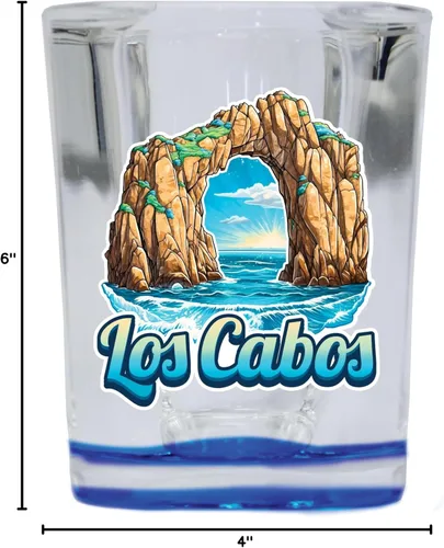 Vista 3 de R and R Imports Los Cabos Mexico Design C Souvenir - Vaso de chupito cuadrado de 2.5 onzas, base azul, paquete de 2