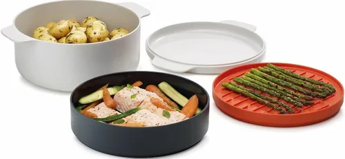 Vista 3 de Joseph Joseph M-Cuisine - Juego de cocina apilable para microondas, 4 piezas, olla de 2 litros, vaporera, plancha y tapa, naranja/beige