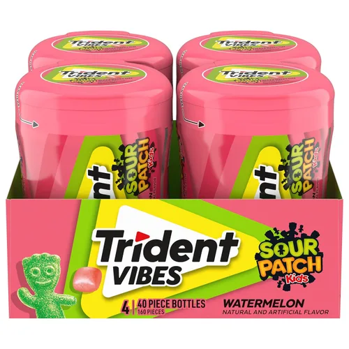 Vista 33 de Trident Vibes SOUR PATCH KIDS - Goma de mascar sin azúcar de frambuesa azul, botella de 40 piezas