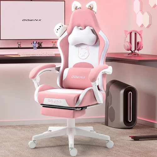 Vista 18 de Dowinx Silla de juegos linda con orejas de gato y soporte lumbar de masaje, silla ergonómica de computadora para niña con reposapiés