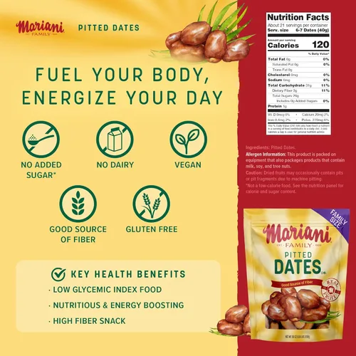 Vista 2 de Mariani - Dátiles secos sin hueso, bolsa de 30 onzas, dátiles secos sin azúcar añadido, sin gluten, sin lácteos, veganas y llenas de fibra