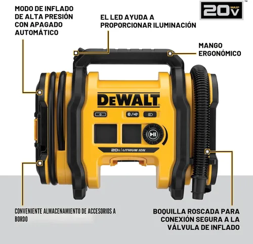 Vista 2 de DEWALT Inflador de neumáticos, compresor de aire portátil de 20V MAX, bomba de aire para automóvil con apagado automático, luz LED, solo herramienta