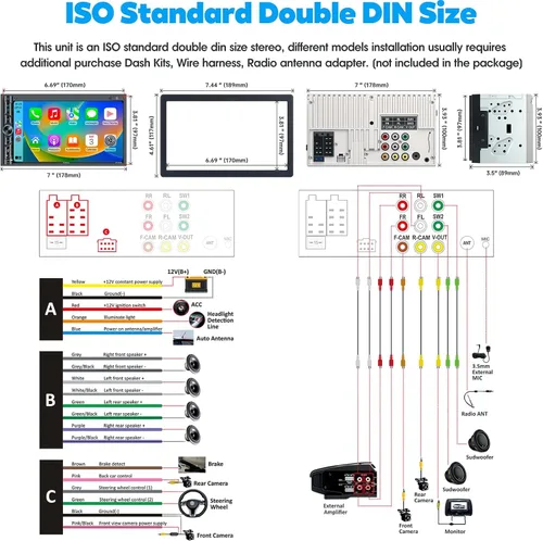 Vista 6 de Estéreo de auto doble DIN compatible con control de voz Apple Carplay - Monitor de pantalla táctil LCD HD de 7 pulgadas, Bluetooth, subwoofer