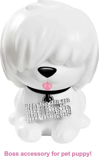 Vista 4 de Muñeca Barbie Extra y accesorios con aspecto brillante, cabello de fantasía rosa y morado y gorro de neón con cachorro mascota