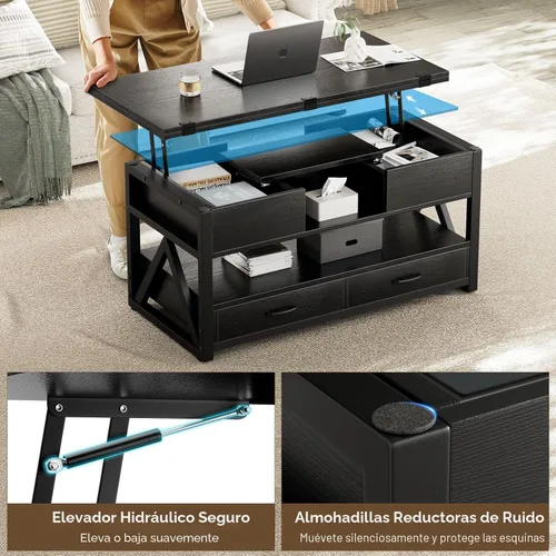 Vista 5 de Memobarco Mesa de Centro con Tapa Elevable de 40", Mesas de Centro Elevables Multifunción 4 en 1 con Cajones de Almacenamiento y Compartimento