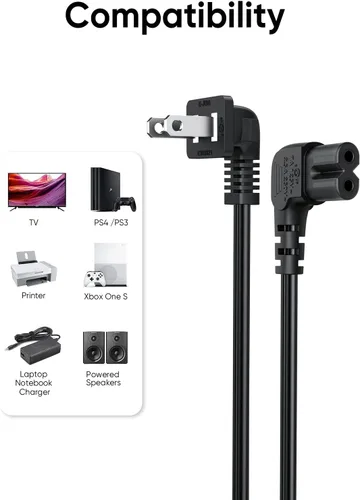 Vista 3 de CableCreation Cable de alimentación angular no polarizado de 2 ranuras en ángulo de 18 AWG (IEC320 C7 a Nema 1-15P), 3.0 ft / negro