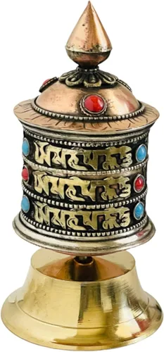 Himalayan Craft Rueda de oración budista tibetana tallada a mano de cobre sobre mesa de relajación meditación Yoga Spinner Juego de ruedas Om Mani