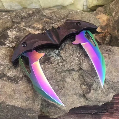 Vista 2 de Dark Bat Knight Cuchillo de bolsillo plegable de doble hoja con asistencia de resorte, cuchillos tácticos con clip para cinturón, gran regalo