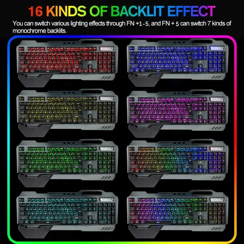 Vista 3 de Wireless Gaming Keyboard Mouse Bluetooth Headset Kit with 16 RGB Backlit Rechargeable Battery Metal Mechanical Ergonomic Waterproof Dustproof