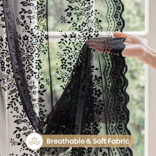 Vista 4 de Cortinas de encaje transparente negro floral de 84 pulgadas de largo, 2