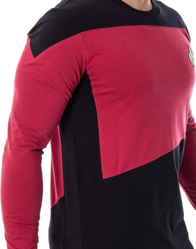 Vista 3 de Star Trek Next Generation - Disfraz de uniforme de Picard para hombre, camiseta de manga larga con logotipo bordado, Rojo
