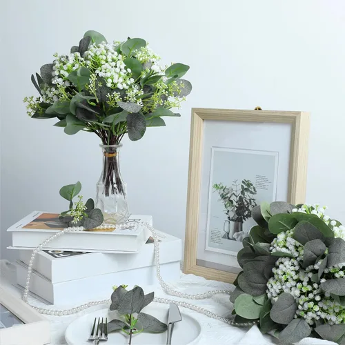 Vista 6 de Hotop 100 piezas de hojas de eucalipto mixtas a granel, vegetación artificial de dólar plateado para ramos, ramas de plantas sintéticas para bodas