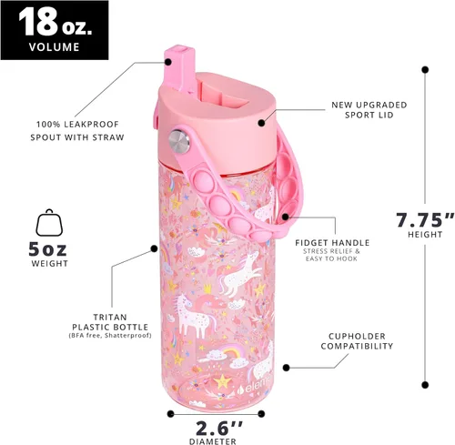 Vista 48 de Elemental Botellas de agua para niños – Botella de agua para niños Splash para la escuela con mango Pop-it – Botella de agua de plástico Tritan sin