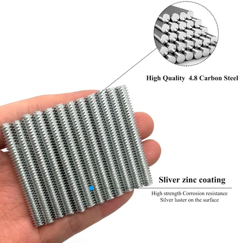 Vista 4 de 12 piezas de varilla totalmente roscada de zinc plateado en carbono de acero, rosca larga de 1/4x2 para muebles, barandillas de jardín, montaje