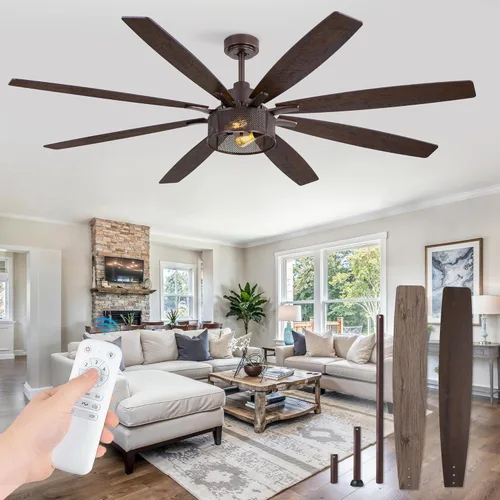 Vista 13 de Ventiladores de techo estilo granja con luces y control remoto, ventiladores de techo industriales negros enjaulados de 42 pulgadas para sala