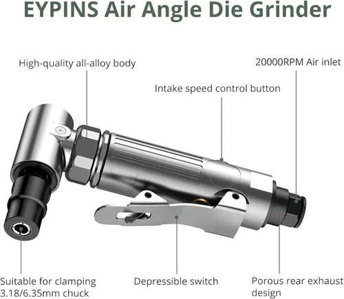 Vista 2 de EYPINS Angle Air Die Grinder 1/4 pulgadas - Amoladora neumática profesional de ángulo recto 20000 RPM, con discos de lijado, ligero, velocidad