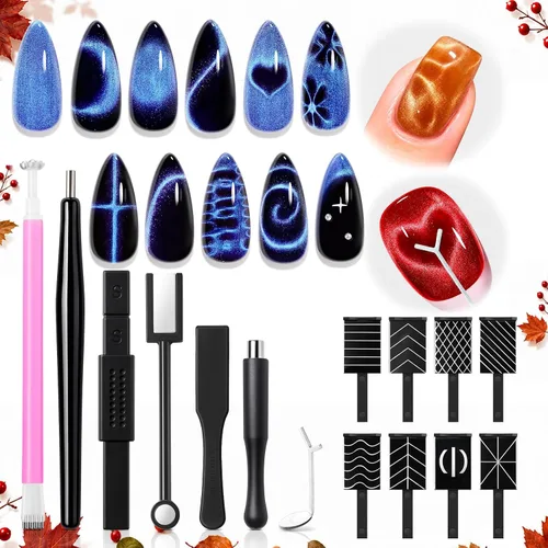 Modelones – Set de imanes magnéticos efecto ojo de gato para uñas, 15 piezas, varillas e imanes redondos y cuadrados, potente herramienta para crear
