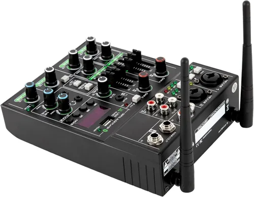Vista 8 de Mezclador de audio profesional, mezclador de sonido de 4 canales con micrófono inalámbrico doble, consola de tablero de sonido, MP3, Bluetooth, 48V