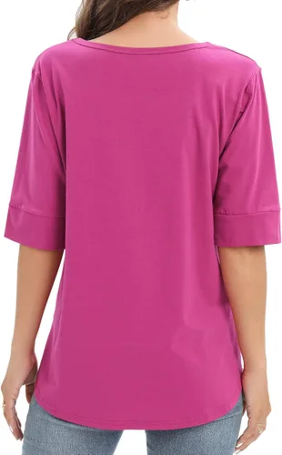 Vista 5 de Womens Elbow Length Sleeve Tops Summer Fashion Cotton Blouses Casual Tunic Tee Shirts