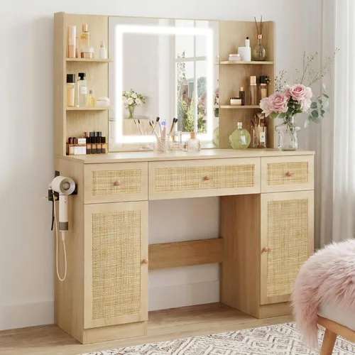 Yechen - Escritorio de maquillaje bohemio de 43 pulgadas con espejo iluminado LED y tira de alimentación | Large Wooden Dressing Table Set with