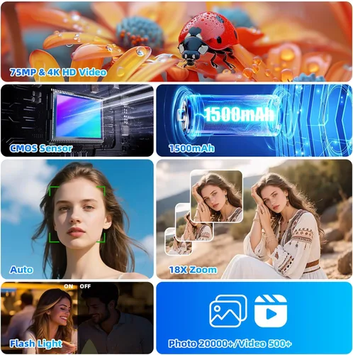 Vista 2 de Cámara digital 4K 75MP para fotografía, cámara con pantalla FILP
