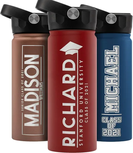 Vista 21 de Regalos de graduación, botella de agua personalizada con tapa con popote, 18 onzas, color negro, botella de agua personalizada con texto, doble