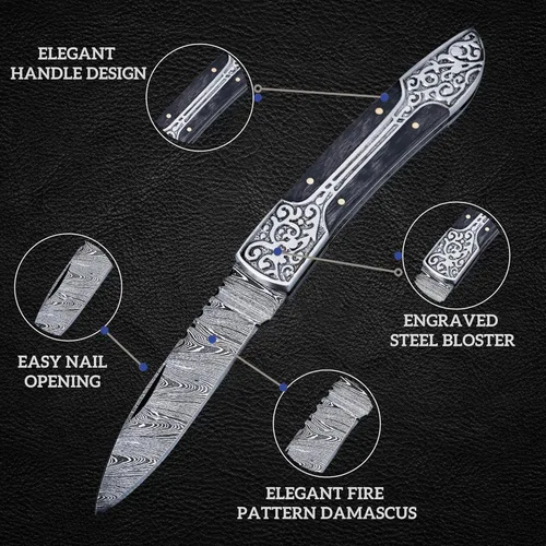 Vista 3 de Cuchillo de bolsillo de Damasco para hombre hecho a mano, cuchillo plegable de Damasco de 8 pulgadas con funda y afilador, ideal para caza