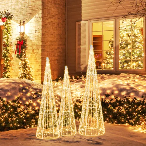 Vista 2 de Tangkula Juego de 3 árboles de cono de Navidad iluminados, juego de árbol cónico decorativo de Navidad con cadenas de estrellas, 90 luces LED