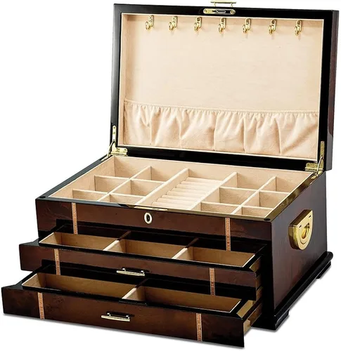 Vista 3 de Diamond2Deal Cofre de joyería de madera de burlwood rústico de alto brillo con incrustaciones de nogal para mujer Madera