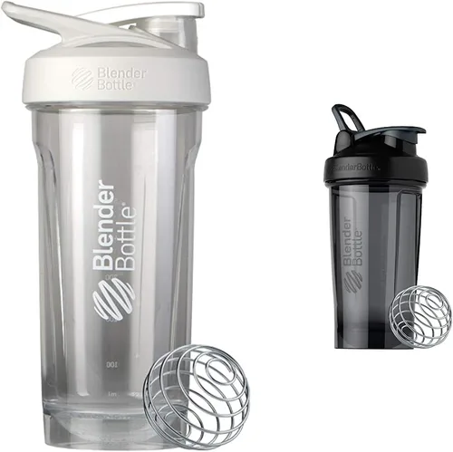 BlenderBottle Strada Shaker Cup (28 onzas, blanco) y BlenderBottle Shaker Bottle Pro Series (24 onzas, negro)