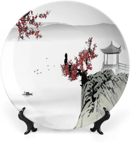 Platos decorativos, adorno estampado de decoración asiática, paisaje de río con flores de cerezo y barco místico, 8 pulgadas, decoración de pared de